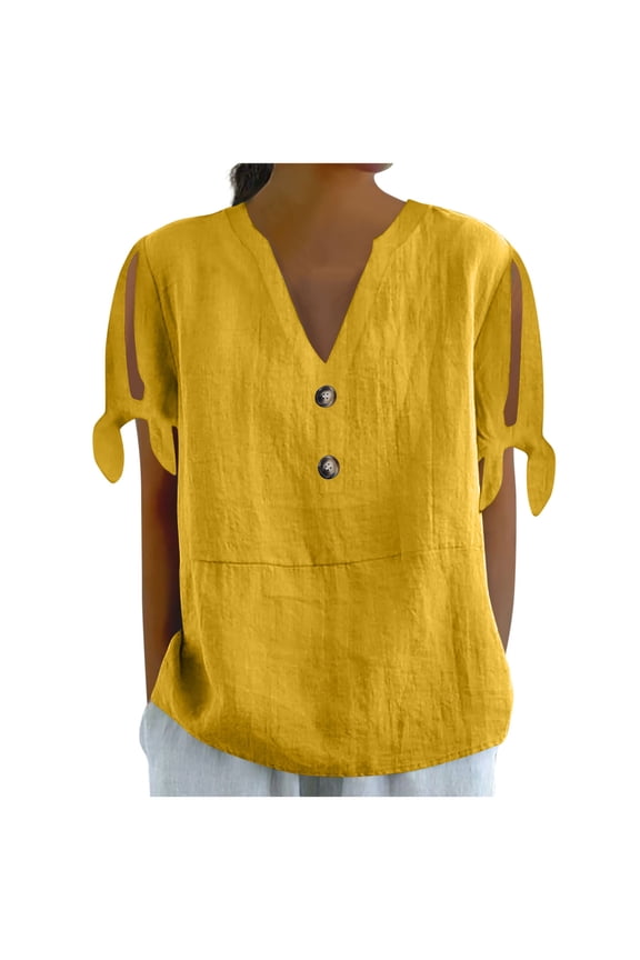 Split Sleeve Women's Blouses​ - V-Neck Button Front & Cotton Blend Short Sleeve for Trendy Summer Comfort