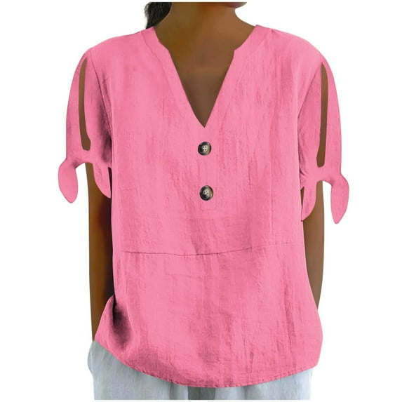 Uaswgudfs Split Sleeve Women's Blouses - V-Neck Button Front & Cotton Blend Short Sleeve for Trendy Summer Comfort