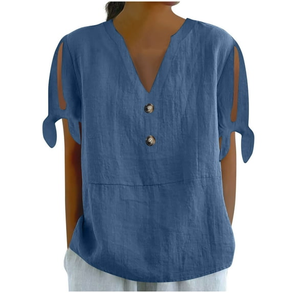 Uaswgudfs Split Sleeve Women's Blouses - V-Neck Button Front & Cotton Blend Short Sleeve for Trendy Summer Comfort