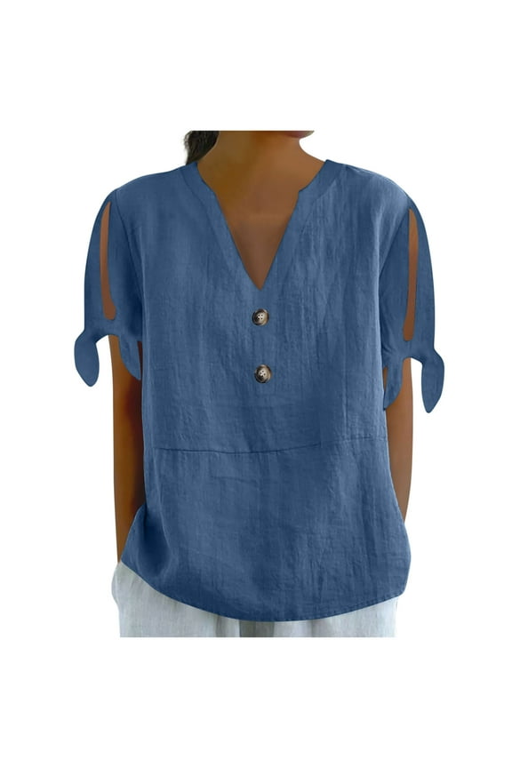 Split Sleeve Women's Blouses​ - V-Neck Button Front & Cotton Blend Short Sleeve for Trendy Summer Comfort