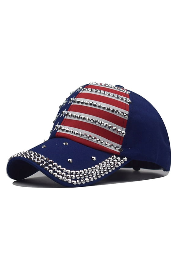 ​Studded US Flag Stripes Baseball Cap - Patriotic Independence Day & 4th of July Celebration Hats Navy