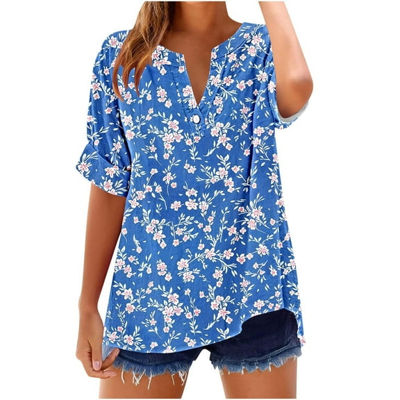 Uaswgudfs ​Stylish V-Neck Floral Short Sleeve Blouse: Button Detail & Breathable Fabric for Women's Trendy Summer TopsBlue-AS