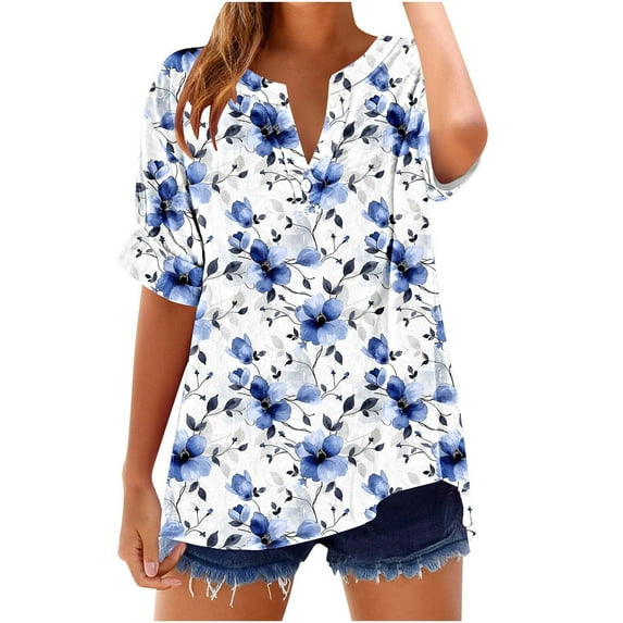 Uaswgudfs Stylish V-Neck Floral Short Sleeve Blouse: Button Detail & Breathable Fabric for Women's Trendy Summer TopsMulticolorL