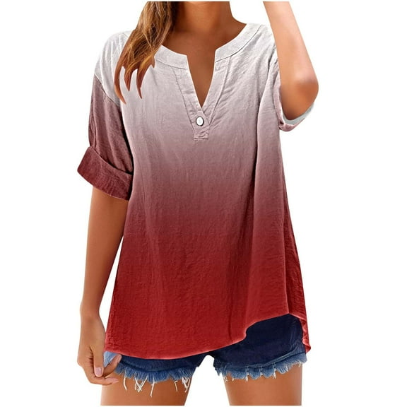 Uaswgudfs ​Stylish V-Neck Floral Short Sleeve Blouse: Button Detail & Breathable Fabric for Women's Trendy Summer TopsRedL