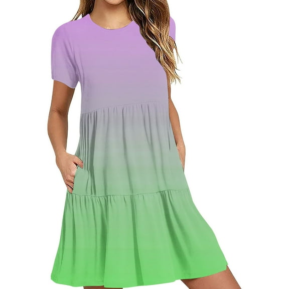 Uaswgudfs Summer Casual A-Line Dresses for Women: Short Sleeve Tiered Ruffle Hem Dress in Lightweight Flowy Fabric - Trending Womens Midi Dress Styles Green 2XL
