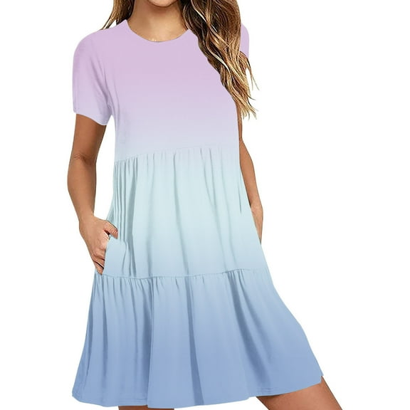 Uaswgudfs Summer Casual A-Line Dresses for Women: Short Sleeve Tiered Ruffle Hem Dress in Lightweight Flowy Fabric - Trending Womens Midi Dress Styles Light Blue 2XL