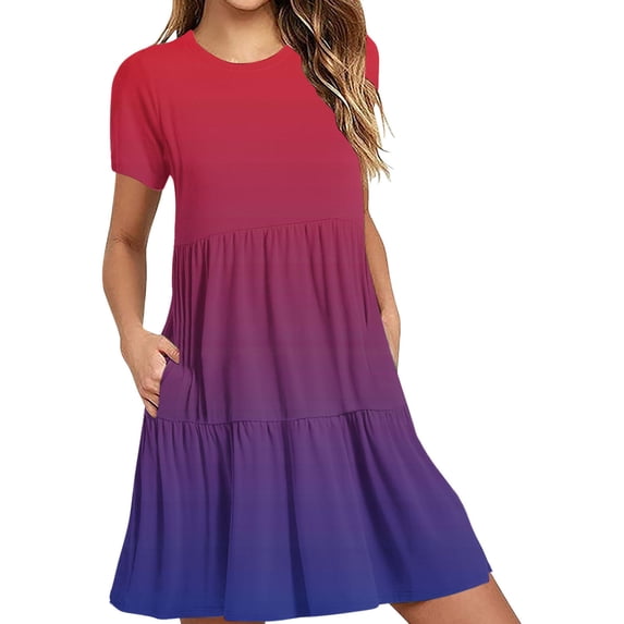 Uaswgudfs Summer Casual A-Line Dresses for Women: Short Sleeve Tiered Ruffle Hem Dress in Lightweight Flowy Fabric - Trending Womens Midi Dress Styles Red XL