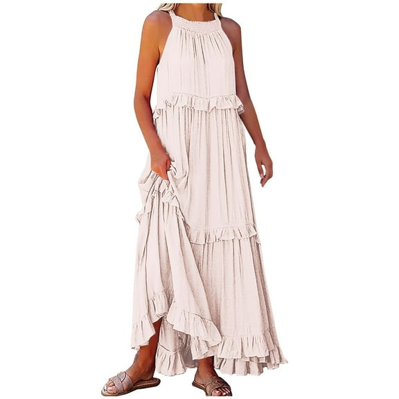 Uaswgudfs Summer Dresses for Women 2025 Casual Sleeveless Midi Sundress | Flowy Tiered Ruffles & Asymmetric Hem Boho Beach Dress Beige M