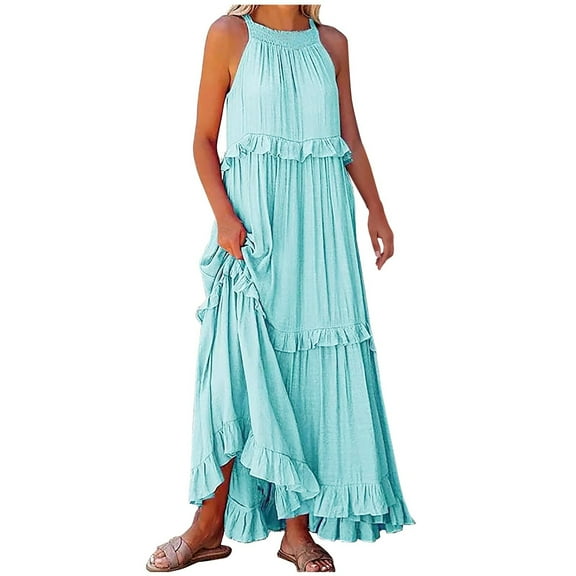 Uaswgudfs Summer Dresses for Women 2025 Casual Sleeveless Midi Sundress | Flowy Tiered Ruffles & Asymmetric Hem Boho Beach Dress Light Blue S