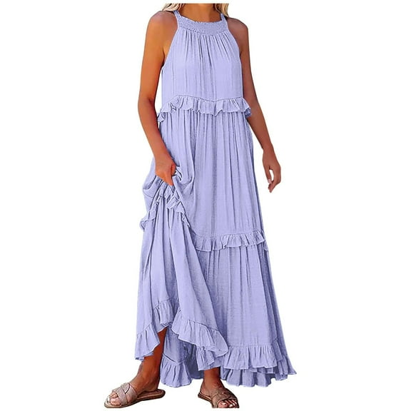 Uaswgudfs Summer Dresses for Women 2025 Casual Sleeveless Midi Sundress | Flowy Tiered Ruffles & Asymmetric Hem Boho Beach Dress Purple S