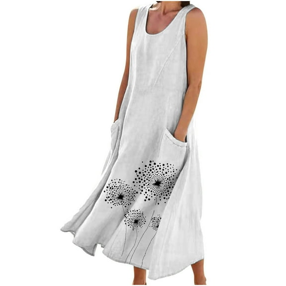 Uaswgudfs ​Summer Dresses for Women 2025 Sleeveless Maxi Sundress with Flared Hem & Pockets – Lightweight Draped Fabric White S