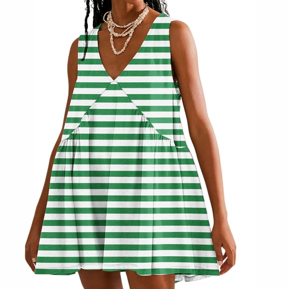 Uaswgudfs Summer Dresses for Women 2025 Sleeveless Striped Midi Sundress – V-Neck Casual with Contrast Panels & Breezy Fit Green L