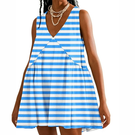 Uaswgudfs ​Summer Dresses for Women 2025 Sleeveless Striped Midi Sundress – V-Neck Casual with Contrast Panels & Breezy Fit Light Blue XL