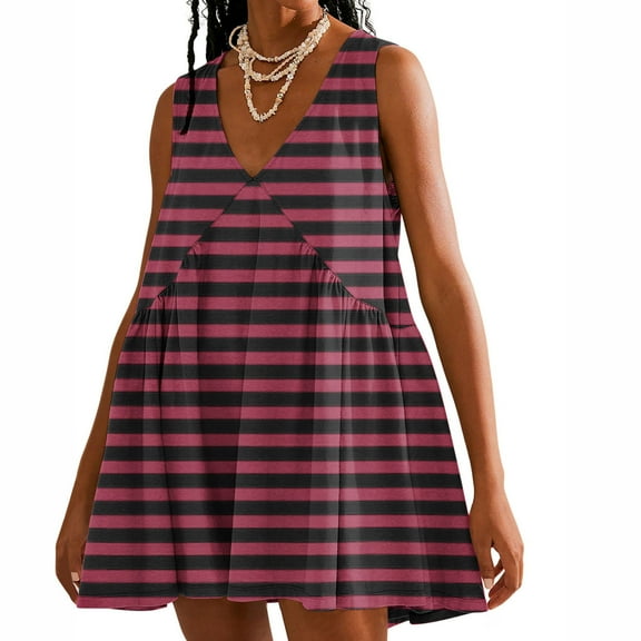 Uaswgudfs ​Summer Dresses for Women 2025 Sleeveless Striped Midi Sundress – V-Neck Casual with Contrast Panels & Breezy Fit Red XL