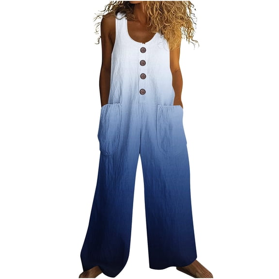 Uaswgudfs Summer Linen Jumpsuits for Women Button Down Sleeveless Casual Jumpers Loose Wide Legs Rompers Overalls with Pockets Blue M