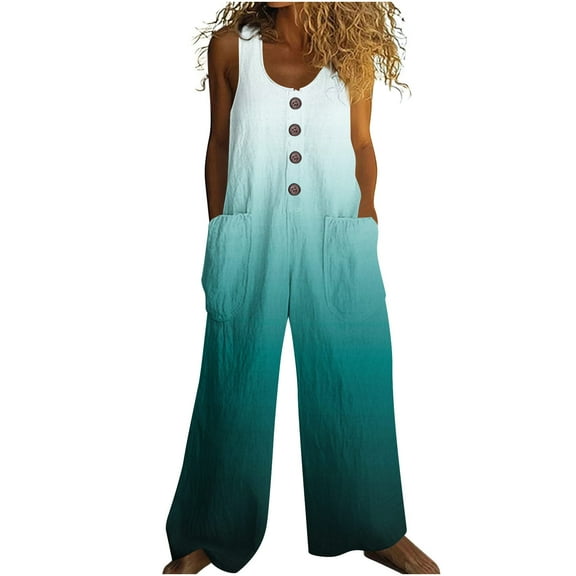 Uaswgudfs Summer Linen Jumpsuits for Women Button Down Sleeveless Casual Jumpers Loose Wide Legs Rompers Overalls with Pockets Green XL