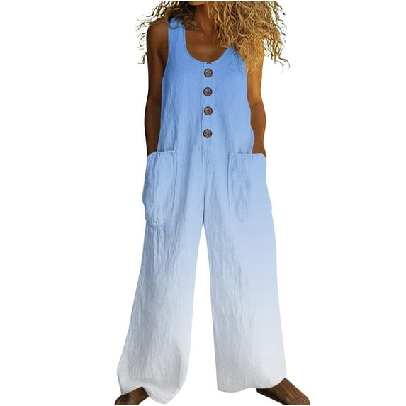 Uaswgudfs Summer Linen Jumpsuits for Women Button Down Sleeveless Casual Jumpers Loose Wide Legs Rompers Overalls with Pockets Light Blue S