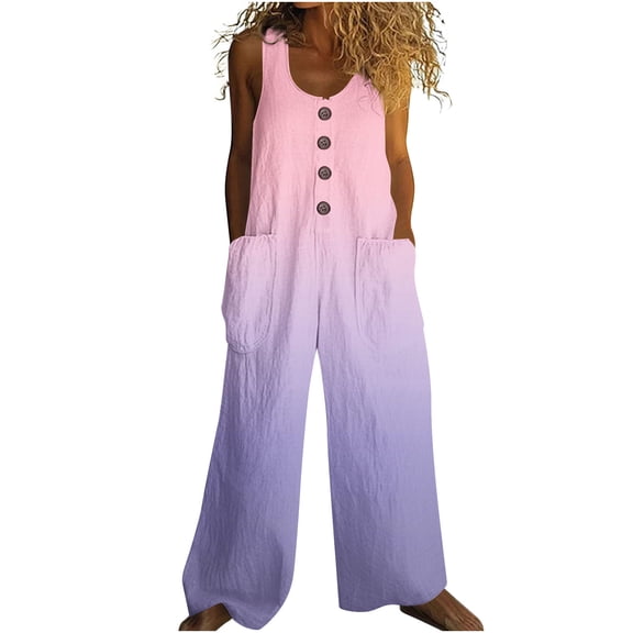 Uaswgudfs Summer Linen Jumpsuits for Women Button Down Sleeveless Casual Jumpers Loose Wide Legs Rompers Overalls with Pockets Pink L
