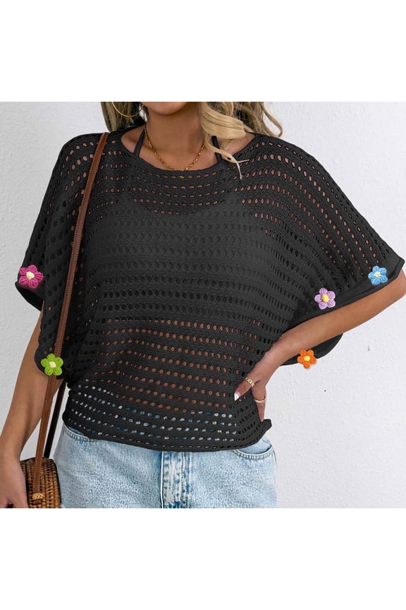 Summer Tops for Women Crochet Cover Up Loose Fit Hollow Out Top Crew Neck Vacation Blouse