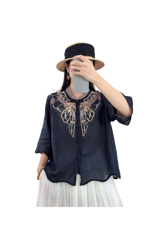 Summer Tops for Women Ethnic Embroidered Blouse Loose Fit Short Sleeve Top
