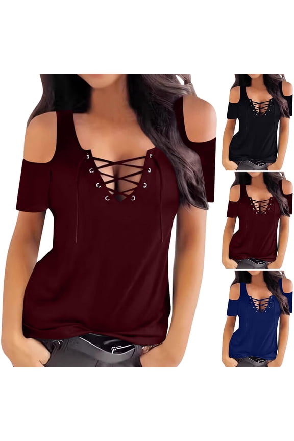 Summer Tops for Women's Plus Size Cold Shoulder Lace Up V Neck Short Sleeve Clubwear Tops