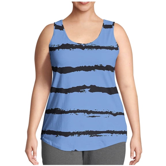 Uaswgudfs Tank Top for Women Sleeveless Curved Hem: Textured Striped Design, Lightweight Breathable Fabric Casual Comfort & Summer Layering Wear Blue L