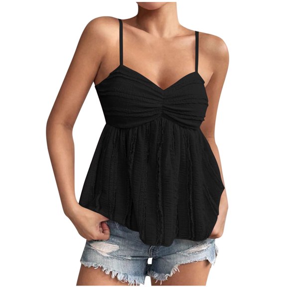 Uaswgudfs Tank Top for Women Sleeveless with Ruffled Front & Flowy Hem: Lightweight Breathable Fabric, Casual Chic Style Summer Blouse & Layered Top Black XL