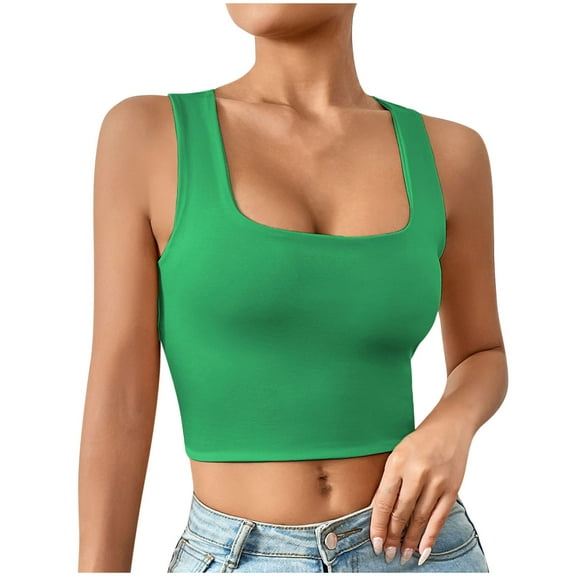 Uaswgudfs ​Tank Top for Women Sleeveless Square Neck Crop: Wide Straps, Slim Bodycon Fit, Stretchy Casual Wear, Summer Fashion Top & Basic Blouse Green XL