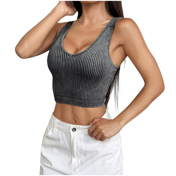 Uaswgudfs ​Tank Top for Women Sleeveless Ribbed Knit Crop: Slim Fit V-Neck, Casual Chic Summer Style, Stretchy Comfort Casual & Beach Wear Black XL