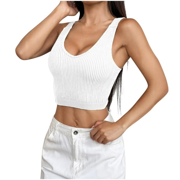 Uaswgudfs ​Tank Top for Women Sleeveless Ribbed Knit Crop: Slim Fit V-Neck, Casual Chic Summer Style, Stretchy Comfort Casual & Beach Wear White XL