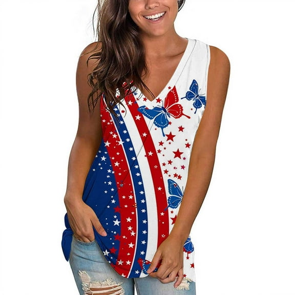 Uaswgudfs ​Tank Top for Women Sleeveless V-Neck: Star & Butterfly Accents, Lightweight Breathable Summer Casual Wear & Fashion Blouse Blue-F M