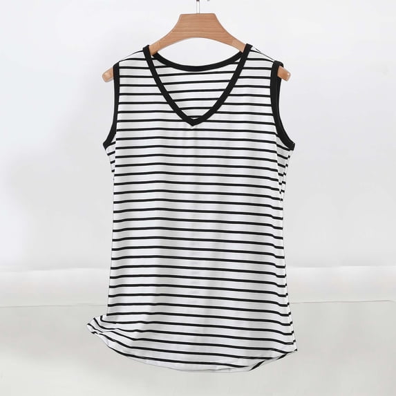 Uaswgudfs Tank Tops for Women Plus Size Tops V-Neck Striped Spaghetti Strap Tank - Loose Fit Summer Casual