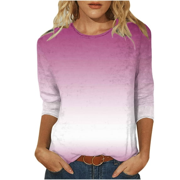 Uaswgudfs Tees for Women Trendy Fashion Round-Neck 3/4 Sleeves T Shirt Gradient Color Casual Loose Cotton imitation Basic Tops