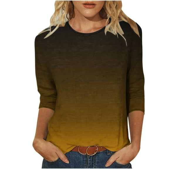 Uaswgudfs Tees for Women Trendy Fashion Round-Neck 3/4 Sleeves T Shirt Gradient Color Casual Loose Dark Color Basic Tops