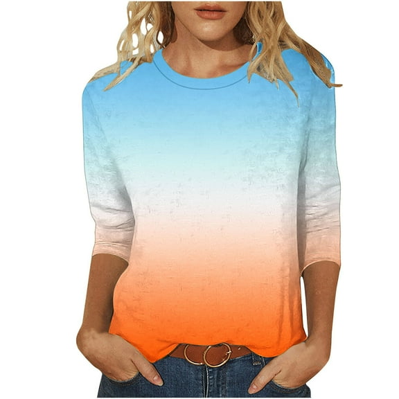 Uaswgudfs Tees for Women Trendy Fashion Round-Neck Half Sleeves T Shirt Gradient Color Casual Loose Basic Tops