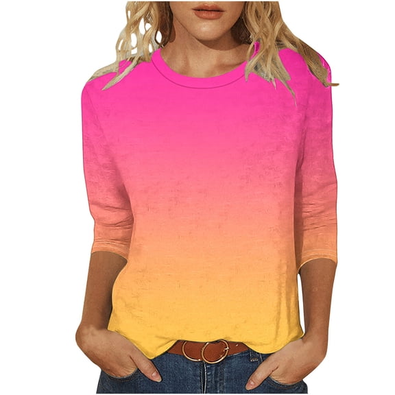 Uaswgudfs Tees for Women Trendy Fashion Round-Neck Half Sleeves T Shirt Gradient Color Casual Loose Basic Tops