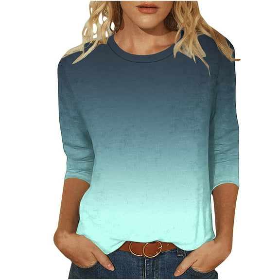 Uaswgudfs Tees for Women Trendy Fashion Round-Neck Half Sleeves T Shirt Gradient Color Casual Loose Basic Tops