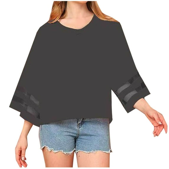 Uaswgudfs Tees for Women Trendy Plus Size Tops for Ship Neck 3/4 Sleeve Casual T Shirts Loose Solid Color Daily Life at Home Short Style Blouse