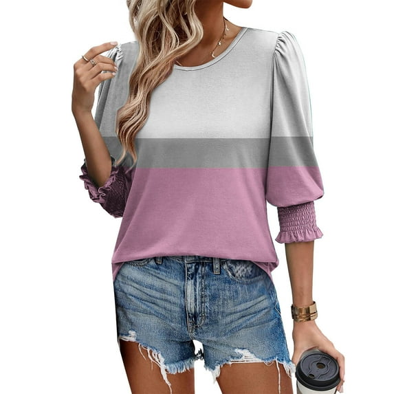 Uaswgudfs Tees for Women Trendy Tops Dressy Patchwork Color Combination Casual 3/4 Sleeve Shirts Round Neck Summer Clothes Trendy Ladies Blouses 2025