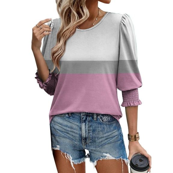 Uaswgudfs Tees for Women Trendy Tops Dressy Patchwork Color Combination Casual 3/4 Sleeve Shirts Round Neck Summer Clothes Trendy Ladies Blouses 2025