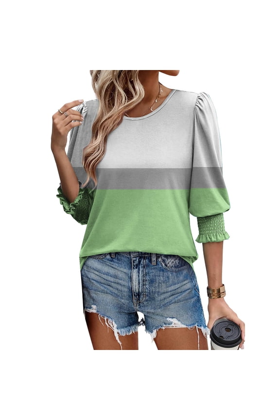 Tees for Women Trendy Tops Dressy Patchwork Color Combination Casual 3/4 Sleeve Shirts Round Neck Summer Clothes Trendy Ladies Blouses 2025