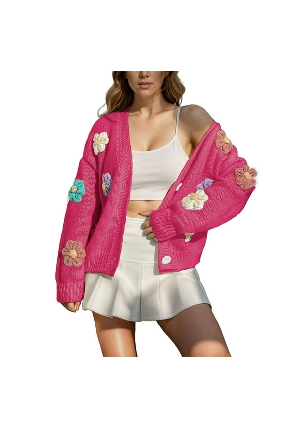 Textured Knit Sweater: Women's Autumn Oversized Crew Neck with Button-Front & 3D Floral Appliqués - Boho Chic Style