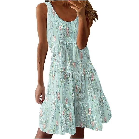 Uaswgudfs Textured Pleat Sleeveless Midi Dress for Women: Modern Print & Flowy Tiered Design - Summer Casual Breathable Fabric Light Blue XXL