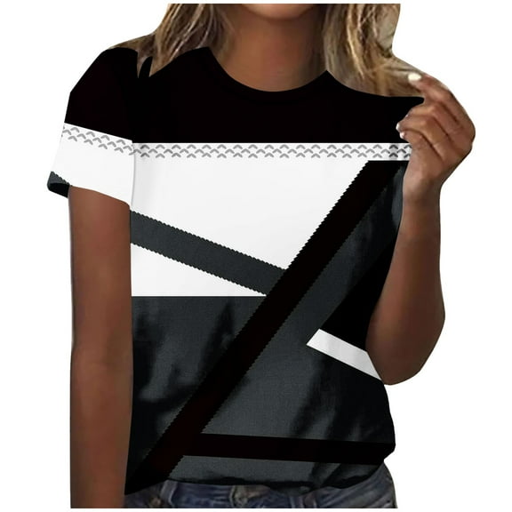 Uaswgudfs Top for Women Trendy Casual Short Sleeve Crew Neck Geometric Patterns T Shirts Summer Blouse Outdoors Tees