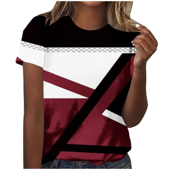 Uaswgudfs Top for Women Trendy Casual Short Sleeve Crew Neck Geometric Patterns T Shirts Summer Blouse Outdoors Tees