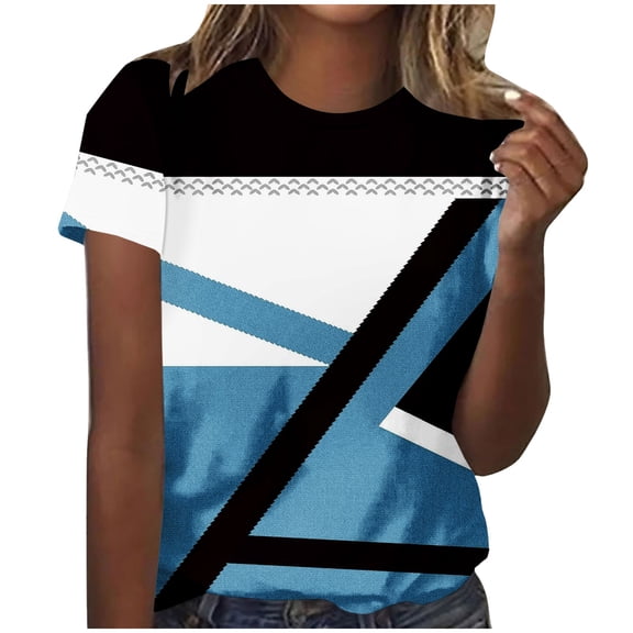 Uaswgudfs Top for Women Trendy Casual Short Sleeve Crew Neck Geometric Patterns T Shirts Summer Blouse Outdoors Tees