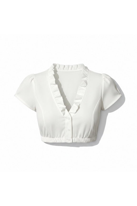Tops for Women Trendy Ruffle Crop Top Casual Elegant Solid Color Short Sleeve Blouse
