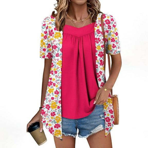 Uaswgudfs Trendy Casual Women Blouses Summer Tops Short Sleeve Relaxed Fit Floral Print Blouse w/ Asymmetric Hem Ruffle Detail - Lightweight Soft Fabric