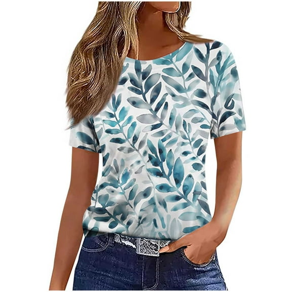 Uaswgudfs Trendy Casual Women Blouses Summer Tops Short Sleeve Stylish Botanical Leaf Motif T-Shirt | Breathable Everyday Summer Top