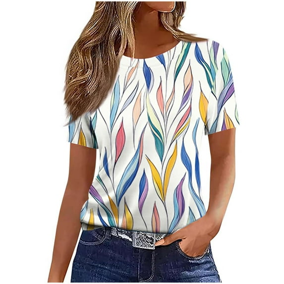 Uaswgudfs Trendy Casual Women Blouses Summer Tops Short Sleeve Stylish Botanical Leaf Motif T-Shirt | Breathable Everyday Summer Top